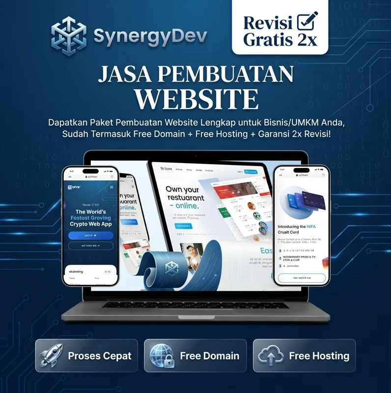 Banner SynergyDev: jasa pembuatan website dengan Free Domain, Free Hosting, dan Revisi Gratis 2x
